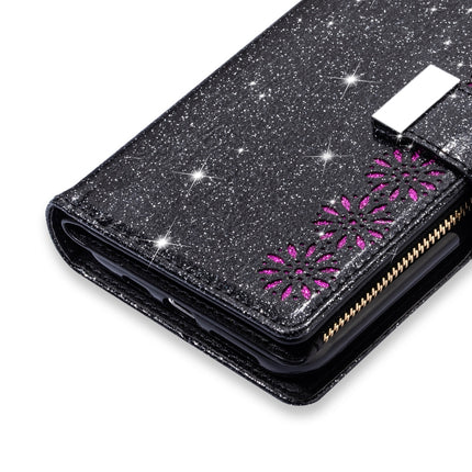 For iPhone 11 Pro Multi-card Slots Starry Sky Laser Carving Glitter Zipper Horizontal Flip Leather Case with Holder & Wallet & Lanyard(Black)-garmade.com