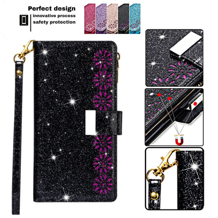 For iPhone 11 Pro Multi-card Slots Starry Sky Laser Carving Glitter Zipper Horizontal Flip Leather Case with Holder & Wallet & Lanyard(Black)-garmade.com