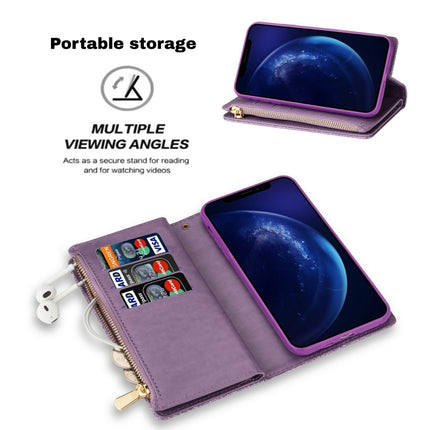 For iPhone 11 Multi-card Slots Starry Sky Laser Carving Glitter Zipper Horizontal Flip Leather Case with Holder & Wallet & Lanyard(Purple)-garmade.com