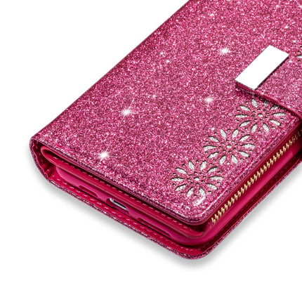 For iPhone 11 Multi-card Slots Starry Sky Laser Carving Glitter Zipper Horizontal Flip Leather Case with Holder & Wallet & Lanyard(Rose Red)-garmade.com