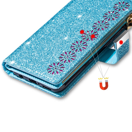 For iPhone 11 Multi-card Slots Starry Sky Laser Carving Glitter Zipper Horizontal Flip Leather Case with Holder & Wallet & Lanyard(Sky Blue)-garmade.com