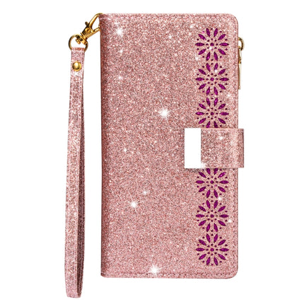 For iPhone 11 Multi-card Slots Starry Sky Laser Carving Glitter Zipper Horizontal Flip Leather Case with Holder & Wallet & Lanyard(Rose Gold)-garmade.com