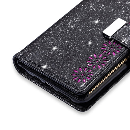 For iPhone 11 Multi-card Slots Starry Sky Laser Carving Glitter Zipper Horizontal Flip Leather Case with Holder & Wallet & Lanyard(Black)-garmade.com