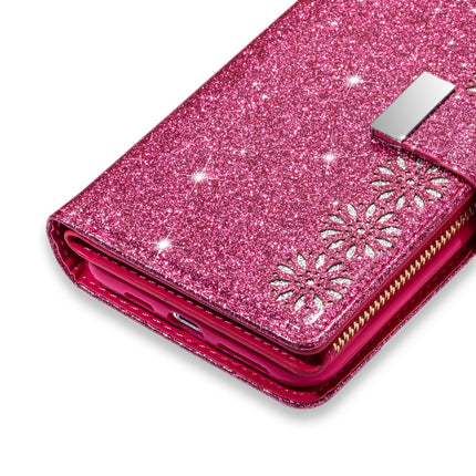 For iPhone XS Max Multi-card Slots Starry Sky Laser Carving Glitter Zipper Horizontal Flip Leather Case with Holder & Wallet & Lanyard(Rose Red)-garmade.com