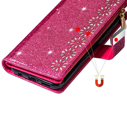 For iPhone XS Max Multi-card Slots Starry Sky Laser Carving Glitter Zipper Horizontal Flip Leather Case with Holder & Wallet & Lanyard(Rose Red)-garmade.com