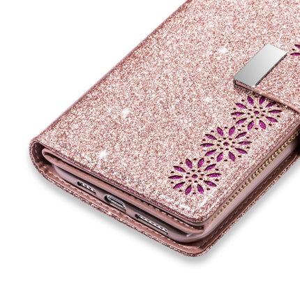 For iPhone XS Max Multi-card Slots Starry Sky Laser Carving Glitter Zipper Horizontal Flip Leather Case with Holder & Wallet & Lanyard(Rose Gold)-garmade.com