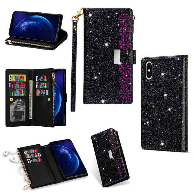 For iPhone XS Max Multi-card Slots Starry Sky Laser Carving Glitter Zipper Horizontal Flip Leather Case with Holder & Wallet & Lanyard(Black)-garmade.com