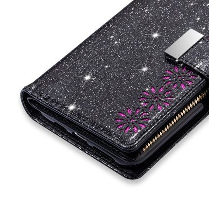 For iPhone XS Max Multi-card Slots Starry Sky Laser Carving Glitter Zipper Horizontal Flip Leather Case with Holder & Wallet & Lanyard(Black)-garmade.com