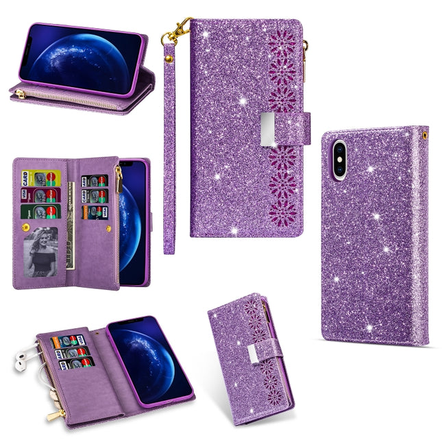 For iPhone XR Multi-card Slots Starry Sky Laser Carving Glitter Zipper Horizontal Flip Leather Case with Holder & Wallet & Lanyard(Purple)-garmade.com