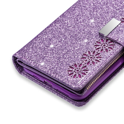 For iPhone XR Multi-card Slots Starry Sky Laser Carving Glitter Zipper Horizontal Flip Leather Case with Holder & Wallet & Lanyard(Purple)-garmade.com