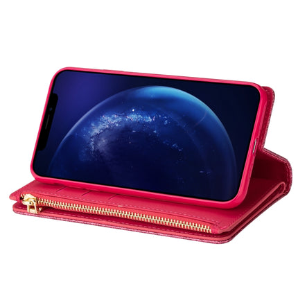 For iPhone XR Multi-card Slots Starry Sky Laser Carving Glitter Zipper Horizontal Flip Leather Case with Holder & Wallet & Lanyard(Rose Red)-garmade.com