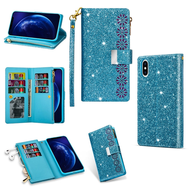 For iPhone XR Multi-card Slots Starry Sky Laser Carving Glitter Zipper Horizontal Flip Leather Case with Holder & Wallet & Lanyard(Sky Blue)-garmade.com