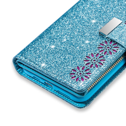 For iPhone XR Multi-card Slots Starry Sky Laser Carving Glitter Zipper Horizontal Flip Leather Case with Holder & Wallet & Lanyard(Sky Blue)-garmade.com