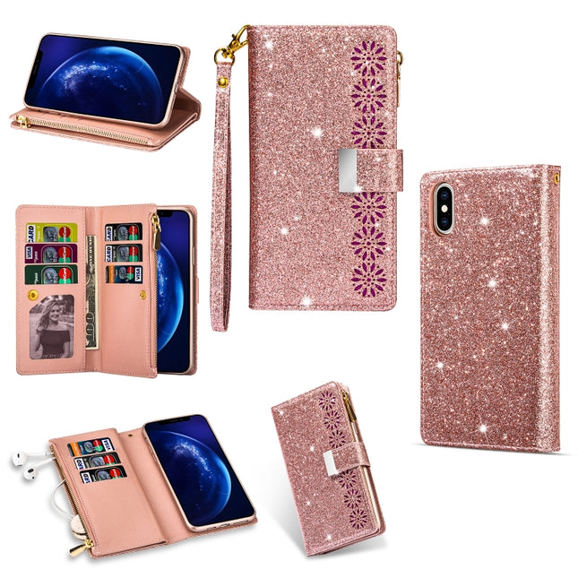 For iPhone XR Multi-card Slots Starry Sky Laser Carving Glitter Zipper Horizontal Flip Leather Case with Holder & Wallet & Lanyard(Rose Gold)-garmade.com