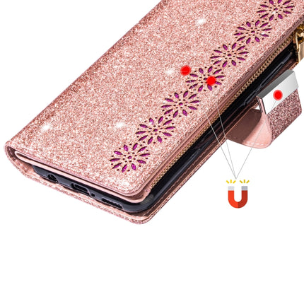 For iPhone XR Multi-card Slots Starry Sky Laser Carving Glitter Zipper Horizontal Flip Leather Case with Holder & Wallet & Lanyard(Rose Gold)-garmade.com