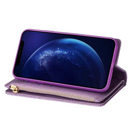 For iPhone X / XS Multi-card Slots Starry Sky Laser Carving Glitter Zipper Horizontal Flip Leather Case with Holder & Wallet & Lanyard(Purple)-garmade.com