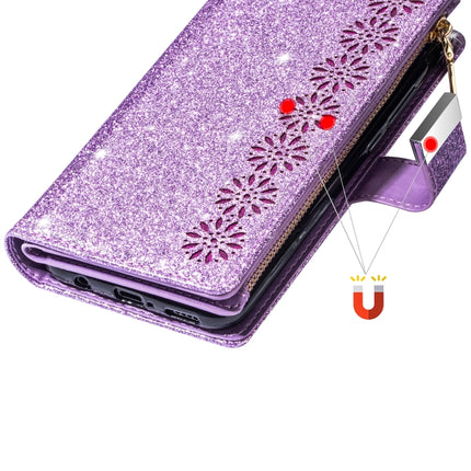 For iPhone X / XS Multi-card Slots Starry Sky Laser Carving Glitter Zipper Horizontal Flip Leather Case with Holder & Wallet & Lanyard(Purple)-garmade.com