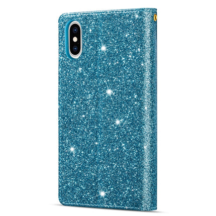 For iPhone X / XS Multi-card Slots Starry Sky Laser Carving Glitter Zipper Horizontal Flip Leather Case with Holder & Wallet & Lanyard(Sky Blue)-garmade.com