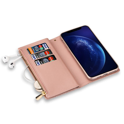 For iPhone X / XS Multi-card Slots Starry Sky Laser Carving Glitter Zipper Horizontal Flip Leather Case with Holder & Wallet & Lanyard(Rose Gold)-garmade.com