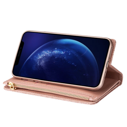 For iPhone X / XS Multi-card Slots Starry Sky Laser Carving Glitter Zipper Horizontal Flip Leather Case with Holder & Wallet & Lanyard(Rose Gold)-garmade.com