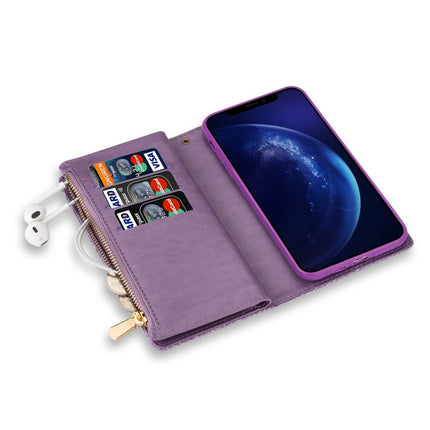 For iPhone SE 2020 / 8 / 7 Multi-card Slots Starry Sky Laser Carving Glitter Zipper Horizontal Flip Leather Case with Holder & Wallet & Lanyard(Purple)-garmade.com