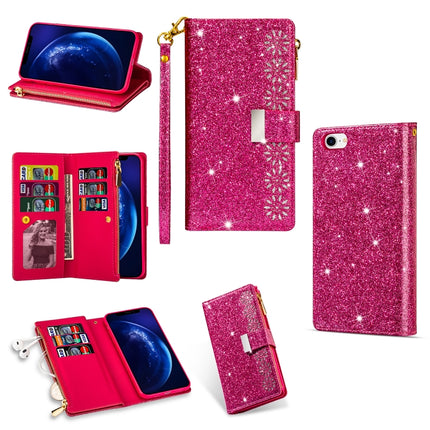 For iPhone SE 2020 / 8 / 7 Multi-card Slots Starry Sky Laser Carving Glitter Zipper Horizontal Flip Leather Case with Holder & Wallet & Lanyard(Rose Red)-garmade.com