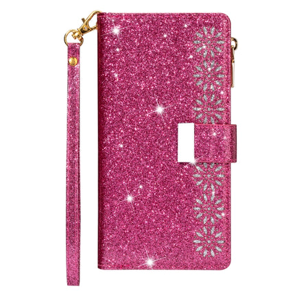 For iPhone SE 2020 / 8 / 7 Multi-card Slots Starry Sky Laser Carving Glitter Zipper Horizontal Flip Leather Case with Holder & Wallet & Lanyard(Rose Red)-garmade.com