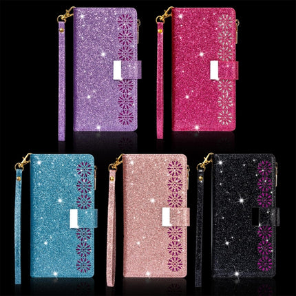 For iPhone SE 2020 / 8 / 7 Multi-card Slots Starry Sky Laser Carving Glitter Zipper Horizontal Flip Leather Case with Holder & Wallet & Lanyard(Rose Gold)-garmade.com