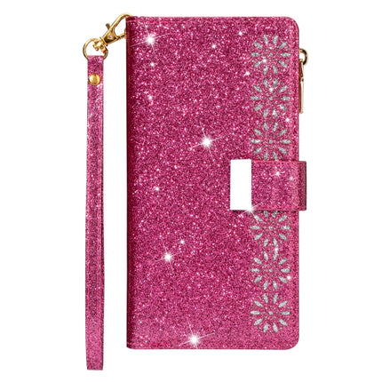 For iPhone 6 Plus / 6s Plus Multi-card Slots Starry Sky Laser Carving Glitter Zipper Horizontal Flip Leather Case with Holder & Wallet & Lanyard(Rose Red)-garmade.com