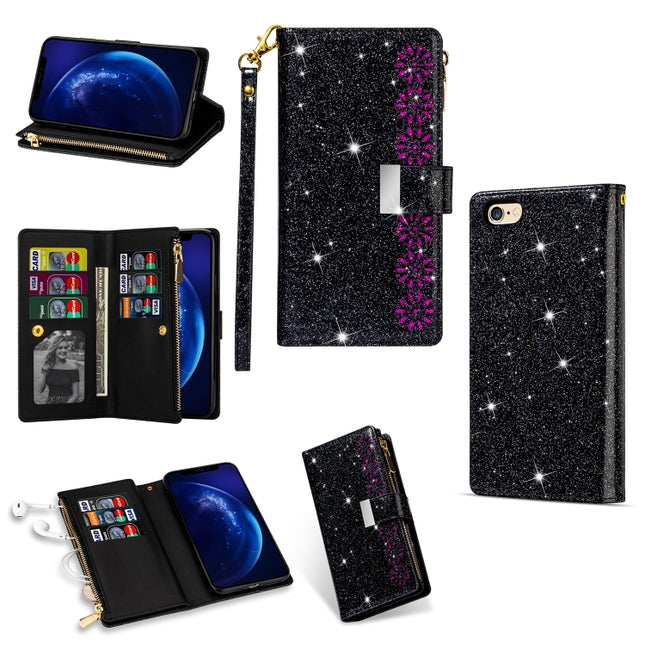 For iPhone 6 Plus / 6s Plus Multi-card Slots Starry Sky Laser Carving Glitter Zipper Horizontal Flip Leather Case with Holder & Wallet & Lanyard(Black)-garmade.com