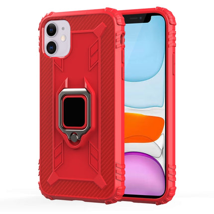 For iPhone 12 Pro Max Carbon Fiber Protective Case with 360 Degree Rotating Ring Holder(Red)-garmade.com