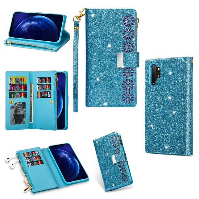 For Samsung Galaxy Note10 Multi-card Slots Starry Sky Laser Carving Glitter Zipper Horizontal Flip Leather Case with Holder & Wallet & Lanyard(Sky Blue)-garmade.com