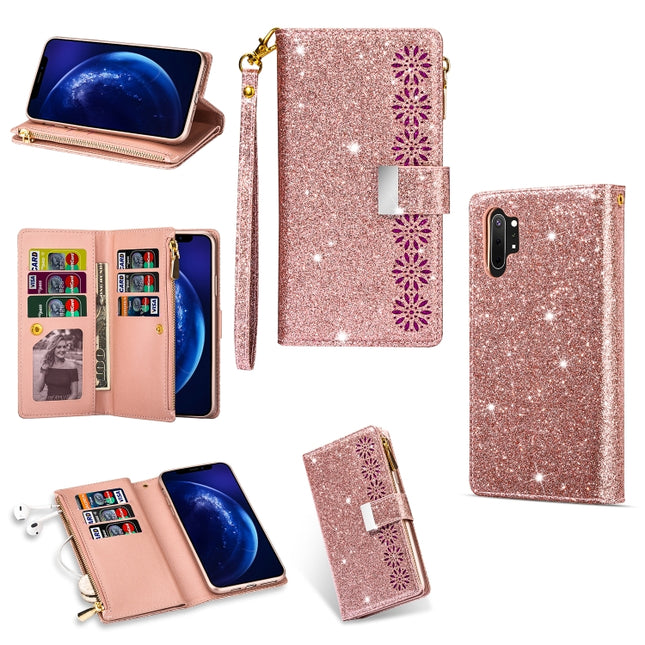 For Samsung Galaxy Note10 Multi-card Slots Starry Sky Laser Carving Glitter Zipper Horizontal Flip Leather Case with Holder & Wallet & Lanyard(Rose Gold)-garmade.com