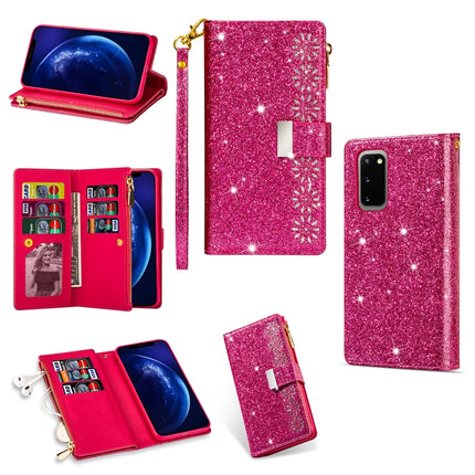 For Samsung Galaxy S20 Multi-card Slots Starry Sky Laser Carving Glitter Zipper Horizontal Flip Leather Case with Holder & Wallet & Lanyard(Rose Red)-garmade.com