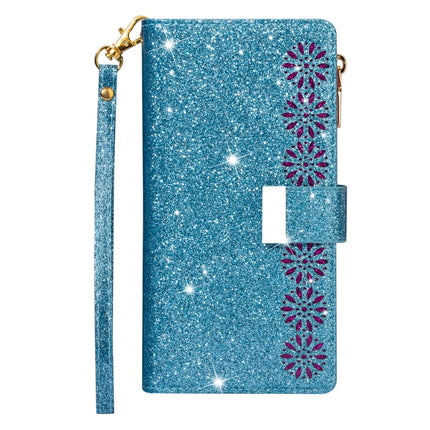 For Samsung Galaxy S20+ Multi-card Slots Starry Sky Laser Carving Glitter Zipper Horizontal Flip Leather Case with Holder & Wallet & Lanyard(Sky Blue)-garmade.com