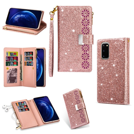 For Samsung Galaxy S20+ Multi-card Slots Starry Sky Laser Carving Glitter Zipper Horizontal Flip Leather Case with Holder & Wallet & Lanyard(Rose Gold)-garmade.com