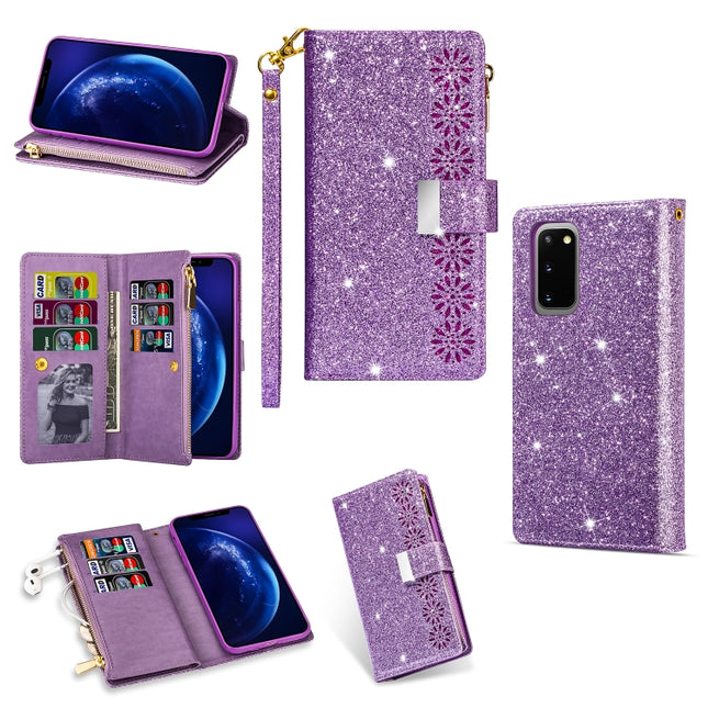 For Samsung Galaxy S20 Ultra Multi-card Slots Starry Sky Laser Carving Glitter Zipper Horizontal Flip Leather Case with Holder & Wallet & Lanyard(Purple)-garmade.com