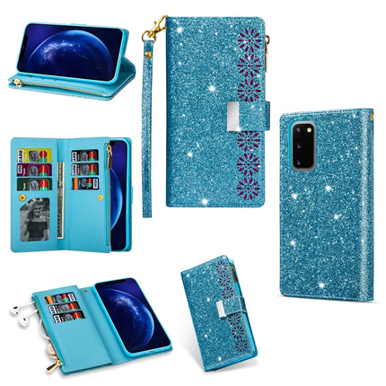 For Samsung Galaxy S20 Ultra Multi-card Slots Starry Sky Laser Carving Glitter Zipper Horizontal Flip Leather Case with Holder & Wallet & Lanyard(Sky Blue)-garmade.com