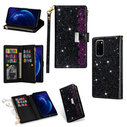 For Samsung Galaxy S20 Ultra Multi-card Slots Starry Sky Laser Carving Glitter Zipper Horizontal Flip Leather Case with Holder & Wallet & Lanyard(Black)-garmade.com
