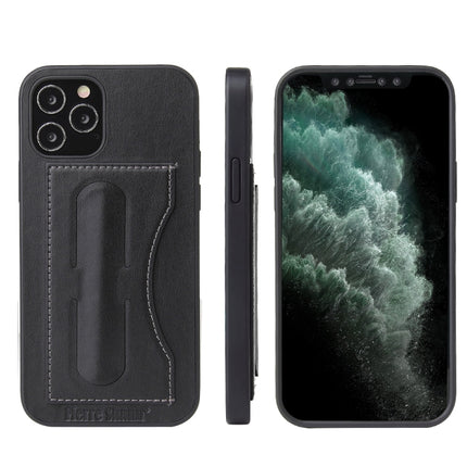For iPhone 12 / 12 Pro Fierre Shann Full Coverage Protective Leather Case with Holder & Card Slot(Black)-garmade.com