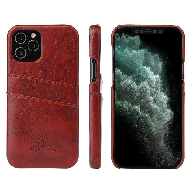 For iPhone 12 / 12 Pro Fierre Shann Retro Oil Wax Texture PU Leather Case with Card Slots(Brown)-garmade.com