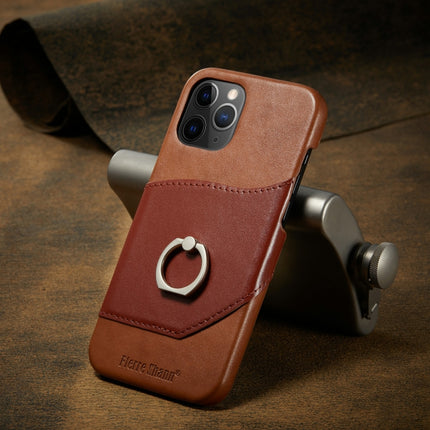 For iPhone 12 Pro Max Fierre Shann Oil Wax Texture Genuine Leather Back Cover Case with 360 Degree Rotation Holder & Card Slot(Light Brown+Dark Brown)-garmade.com