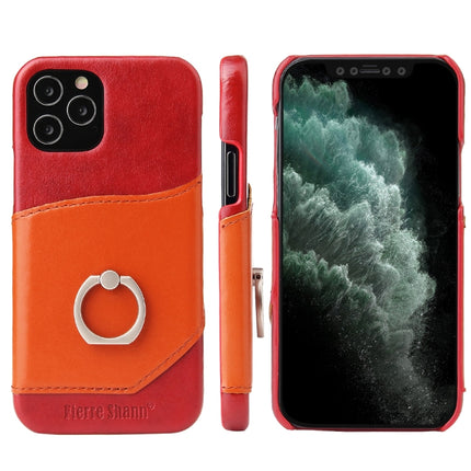 For iPhone 12 Pro Max Fierre Shann Oil Wax Texture Genuine Leather Back Cover Case with 360 Degree Rotation Holder & Card Slot(Red+Light Brown)-garmade.com