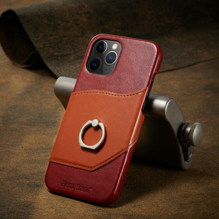 For iPhone 12 Pro Max Fierre Shann Oil Wax Texture Genuine Leather Back Cover Case with 360 Degree Rotation Holder & Card Slot(Red+Light Brown)-garmade.com