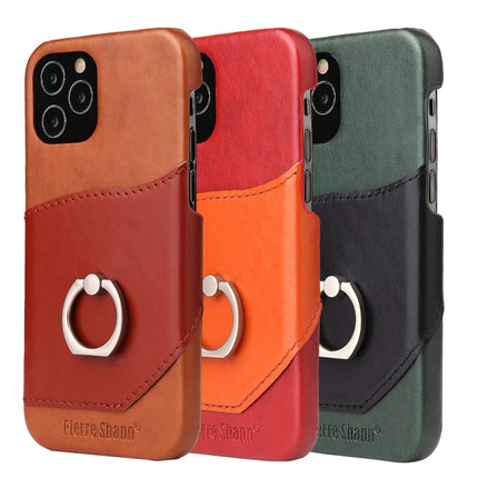 For iPhone 12 Pro Max Fierre Shann Oil Wax Texture Genuine Leather Back Cover Case with 360 Degree Rotation Holder & Card Slot(Black+Green)-garmade.com