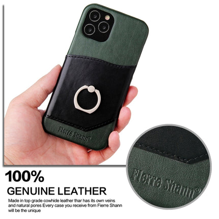 For iPhone 12 Pro Max Fierre Shann Oil Wax Texture Genuine Leather Back Cover Case with 360 Degree Rotation Holder & Card Slot(Black+Green)-garmade.com