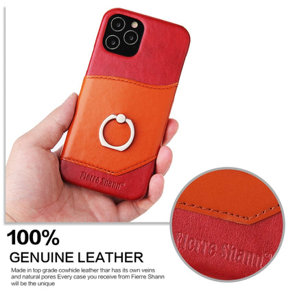 For iPhone 12 / 12 Pro Fierre Shann Oil Wax Texture Genuine Leather Back Cover Case with 360 Degree Rotation Holder & Card Slot(Red+Light Brown)-garmade.com