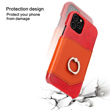 For iPhone 12 / 12 Pro Fierre Shann Oil Wax Texture Genuine Leather Back Cover Case with 360 Degree Rotation Holder & Card Slot(Red+Light Brown)-garmade.com
