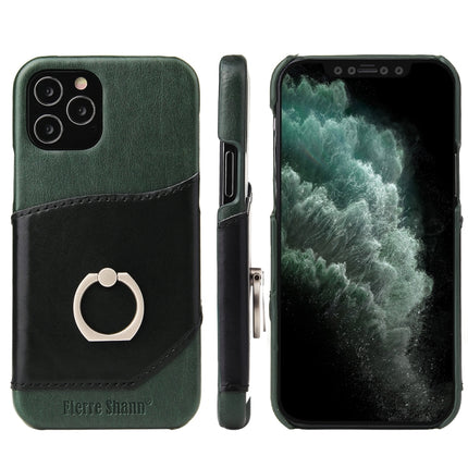 For iPhone 12 / 12 Pro Fierre Shann Oil Wax Texture Genuine Leather Back Cover Case with 360 Degree Rotation Holder & Card Slot(Black+Green)-garmade.com