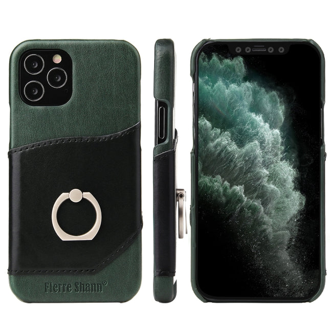 For iPhone 12 mini Fierre Shann Oil Wax Texture Genuine Leather Back Cover Case with 360 Degree Rotation Holder & Card Slot(Black+Green)-garmade.com